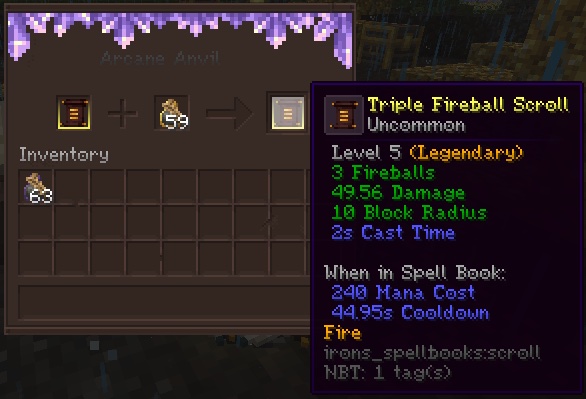 A Triple Fireball Scroll upgraded to Level 5 (Legendary) at the Arcane Anvil.