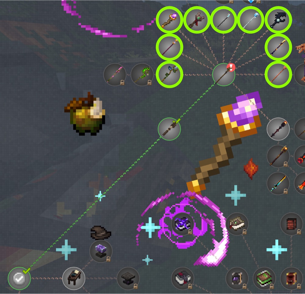 The Magic Academy questline: the first staff for every class (highlighted).