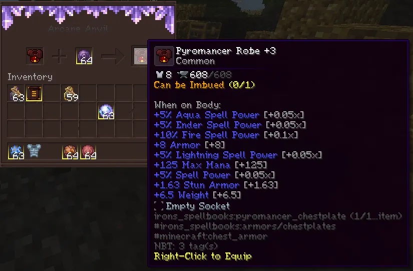 A Pyromancer Robe +3 after several orbs: +5% Aqua, Ender and Lightning Spell Power and +10% Fire Spell Power.