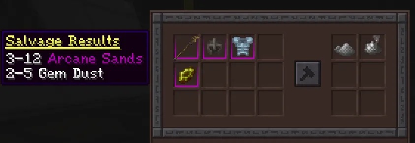 The Salvaging Table: salvaging gear gives 3–12 Arcane Sands and 2–5 Gem Dust.